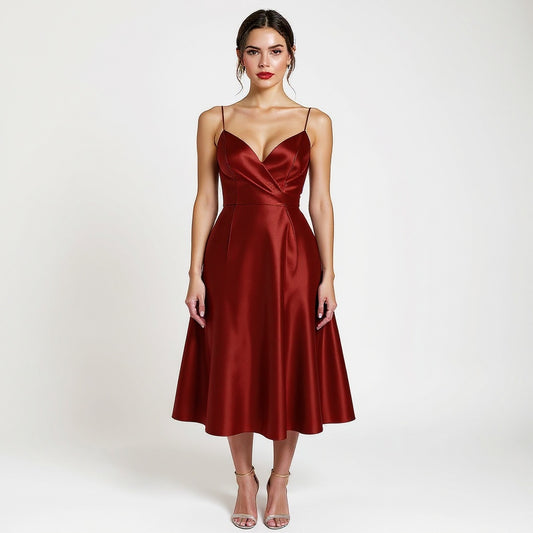 Model wearing a red satin midi dress from VERSHANA on white background